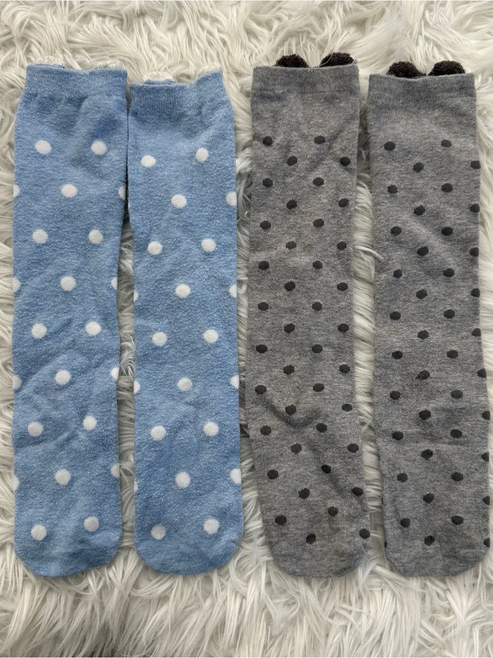 Toddler Cute Polka Dot Fuzzy Knee-High Socks - Blue & Gray Bunny andBear Designs